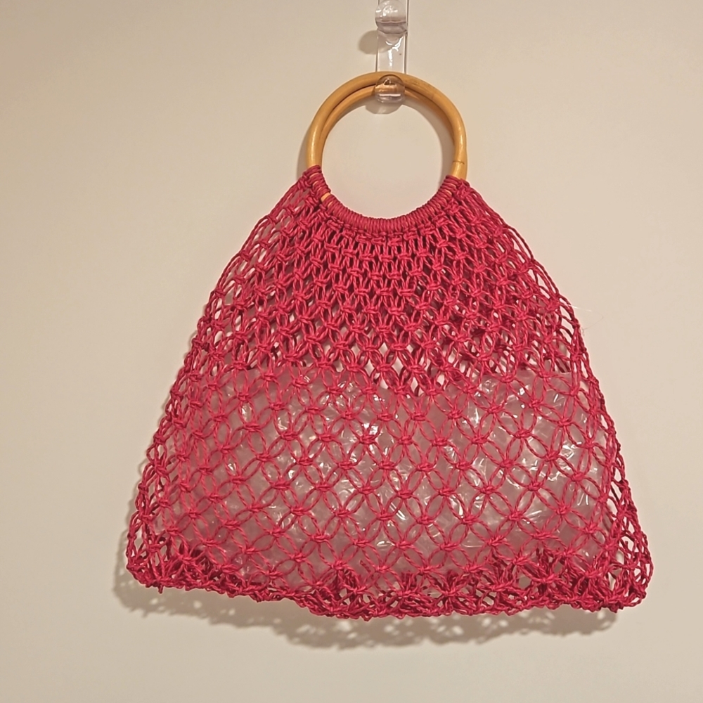 Pink magenta mesh tote circular wooden handle Beach Work Books Grocery Recycle